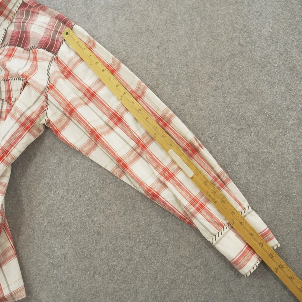 RAW 7 Shirt Mens Large Red White Button Up Plaid Hand Embroidery Western